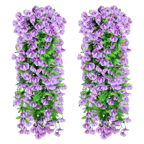 Elecxlink 2PCS Artificial Hanging Flowers, UV Resistant Fake Plastic Faux Hanging Plants Morning Glory Vines for Indoor Ou...