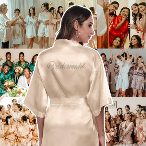 Chic Defend Women's Satin Robe Bride Bridesmaid Short Kimono Robes with Silver Rhinestones for Wedding Party Getting Ready