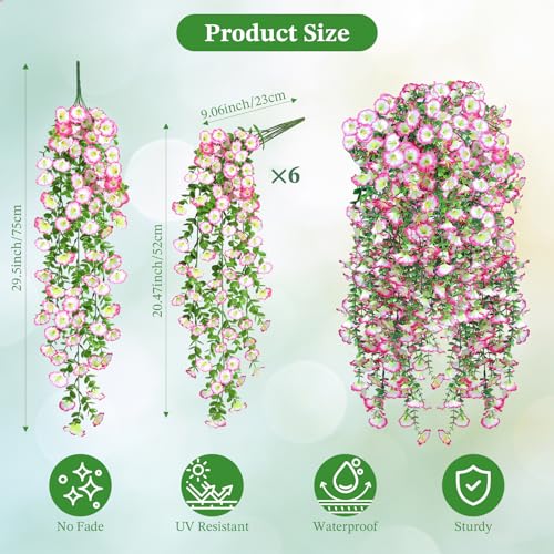 MyCoats Artificial Hanging Flowers for Outdoors, 6Pcs UV Resistant Faux Silk Morning Glory Flowers, Artificial Fake Plants...