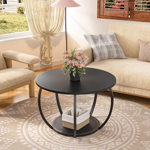 GreenForest Round Coffee Table with 2-Tier Open Storage, 27.6 inch Small Circle Coffee Tables with Adjustable Feet, Modern...