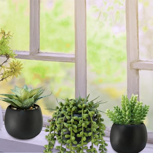 Winlyn Set of 3 Artificial Succulents Plants in Black Cement Planters Faux Potted Plants Aloe String of Pearls Donkey Tail...