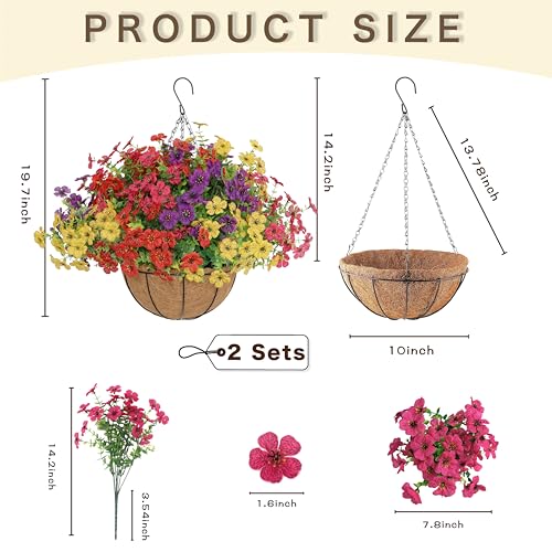 Senjie 2 Set Artificial Hanging Flowers with Basket for Outdoor Decor, UV Resistant 24 Bundles Faux Flowers Fake Hanging P...