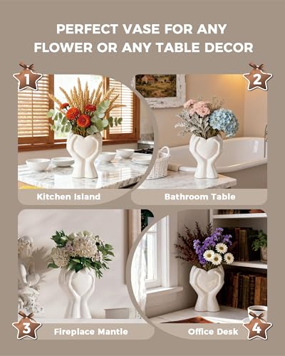 A Heart Held in Two Hands White Vases for Flowers - Cute Modern Small Ceramic Flower Vase for Pampas Grass - Decorative Ta...