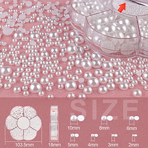 Nail Art Flat Back Half Round Pearl Kits 3, Mixed Sizes 6000 Pcs White Small Pearls for Nails with Picking Tools for Gradu...