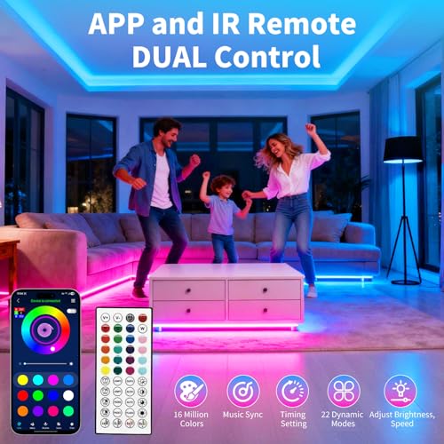 LED Strip Lights,RGB Music Sync Color Changing Bluetooth Led Lights with Smart App Control Remote & Remote Control for Roo...