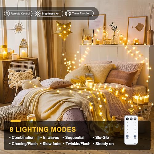 JMEXSUSS 100 LED Connectable Globe String Lights Indoor Bedroom, 33ft Warm White Christmas Lights Plug in with Remote, 8 M...