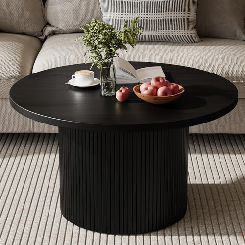 MAISONARIA Black Round Coffee Table with Metal Frame, 35" Coffee Tables for Living Room, Circle Wood Accent Center Table f...