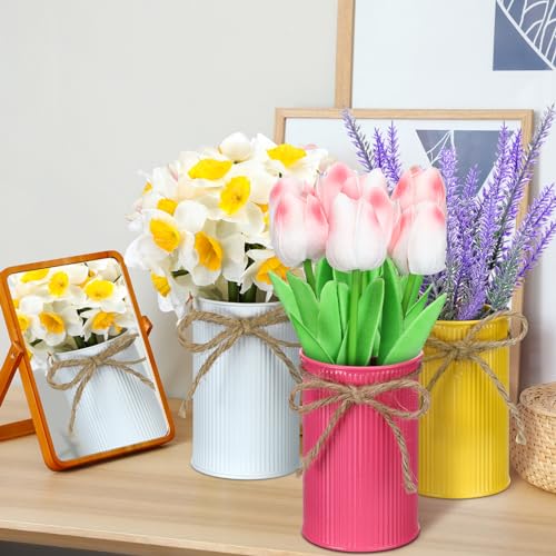 Zeyune 3 Pack Fake Potted Flowers Artificial Daffodils Flower Plants in Metal Pots Spring Artificial Flower Lavender Tulip...