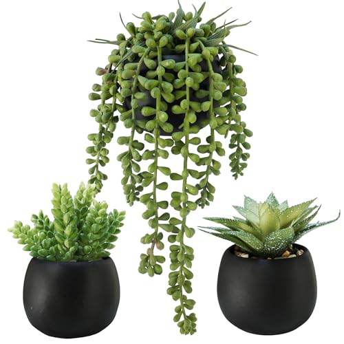 Winlyn Set of 3 Artificial Succulents Plants in Black Cement Planters Faux Potted Plants Aloe String of Pearls Donkey Tail...
