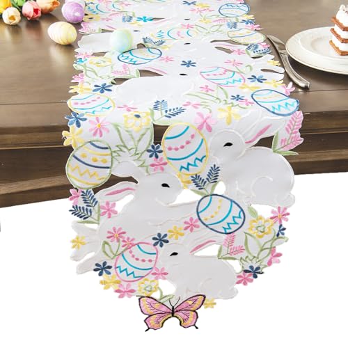 Joyfol Day Easter Bunnys Table Runner, Cutwork Embroidered Floral Eggs Butterfly Table Runners, Colorful Flower Dresser Sc...