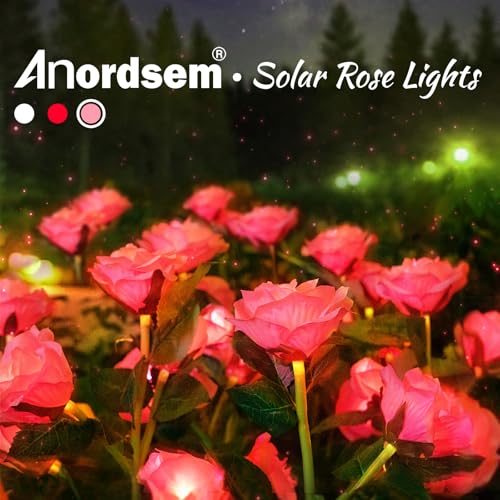 Anordsem Solar Garden Lights Outdoor: 10 Artificial Fabric Pink Roses Flowers 2 Pack- LED Flower Decorations for Cemetery ...