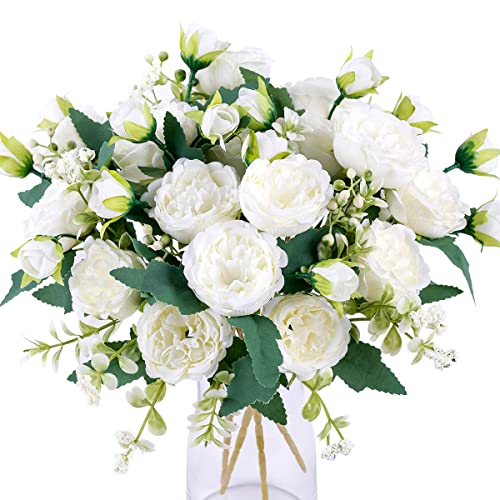 Floweroyal 2 Bunches Peony Artificial Flowers White Flowers Silk Peonies Bouquets for Wedding Party Table Centerpieces Flo...