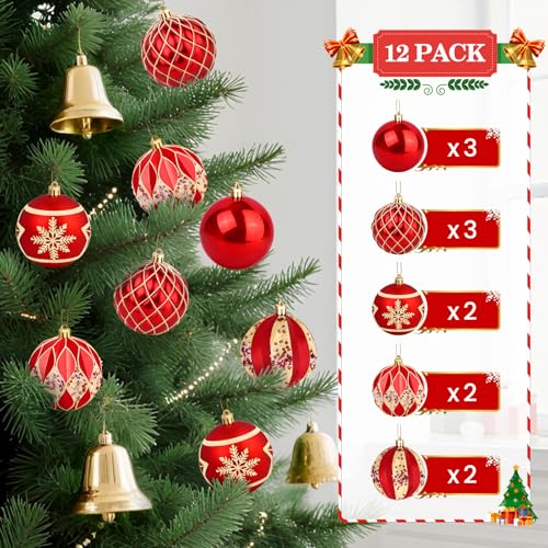 EveryMerry 12-Pack 3.1 Inch Christmas Ornaments Set - Red & Gold Ornament Balls with 5 Various Designs, Decorations with S...