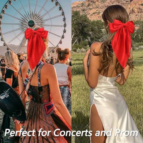 Velscrun Hair Bows for Women Girls Red Silky Satin Large Coquette Hair Bow Oversized Hair Ribbons Big Hair Bows Clip Long ...