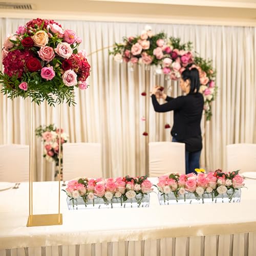 4 Pack Clear Acrylic Flower Vase Centerpiece for Dining Table,63.2 Inch Rectangular Floral Low Vases with 64 Holes for Din...