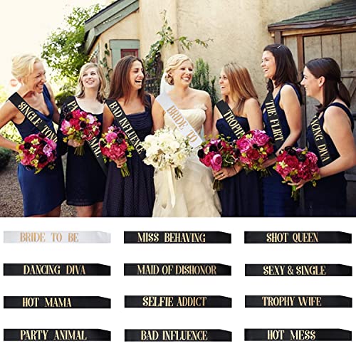 Snsowed 12 Pack- Bachelorette Party Bride To Be Sash- Unique Bride Bridesmaid Sashes for Bachelorette Party (Black, Rose G...