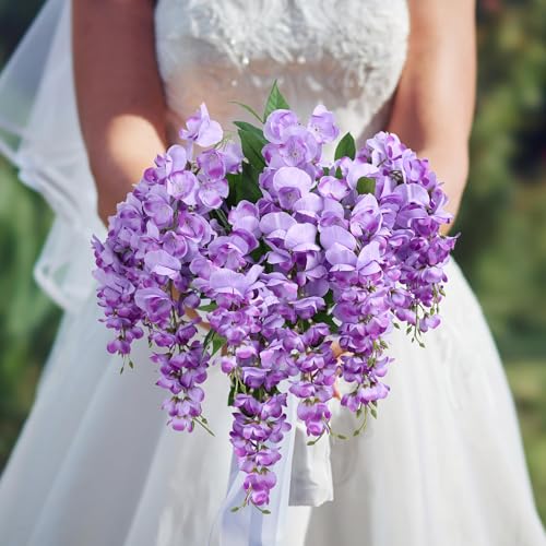 HyeFlora Artificial Hanging Flowers Spring Fake Flower for Vase, 2Pcs Light Purple Silk Wisteria UV & Fading Resistant Fau...
