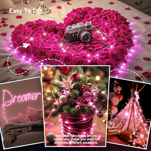 LitHome 4 Pack Valentine's Day Pink Fairy Lights Battery Operated, 20 FT 60 LED Valentines Lights Battery Operated 2 Modes...