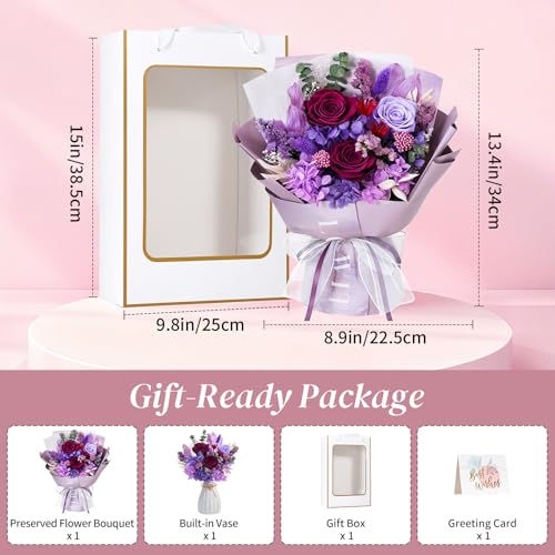 Lewondr Flower for Delivery, Preserved Flowers Bouquet, Purple Roses Bouquet, Real Long-Lasting Forever Birthday Flowers G...