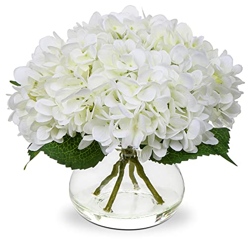 Hollyone Hydrangea Artificial Flowers with Vase White Silk Fake Flowers Arrangements in Glass Vase with Faux Water for Hom...