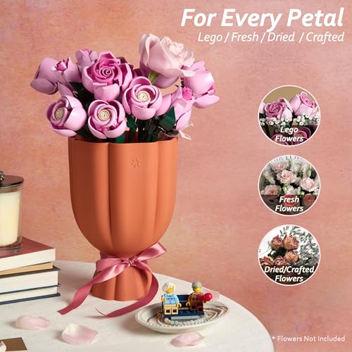 Bouquet Vase for Lego & Crafted Flowers - Flower Arrangement Vase with Floral Grid & Ribbons, Impact Resistant, BPA-Free A...