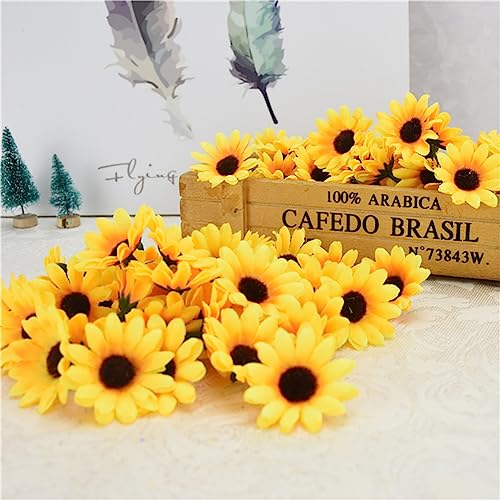 UUYYEO 100 Pcs Artificial Flower Heads Mini Fake Sunflower Decorative Fabric Flowers Craft Floral Embellishments for Wreat...