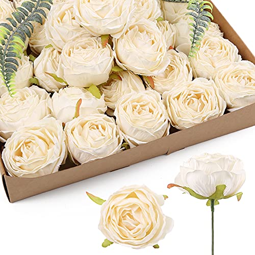 IPOPU White Roses Artificial Flowers Heads Bulk, 25pcs Vintage Dried Flowers Artificial Rose Heads Silk Fake Rose for Wedd...