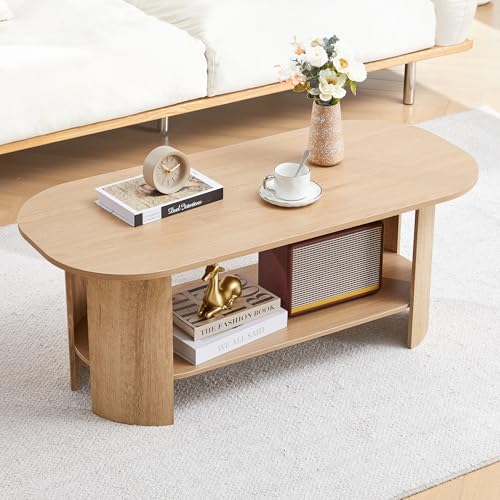 MAHYIZYI Oval Coffee Table for Living Room, 43.3” Farmhouse Coffee Tables with Storage, 2-Tier Wood Center Table with Stor...