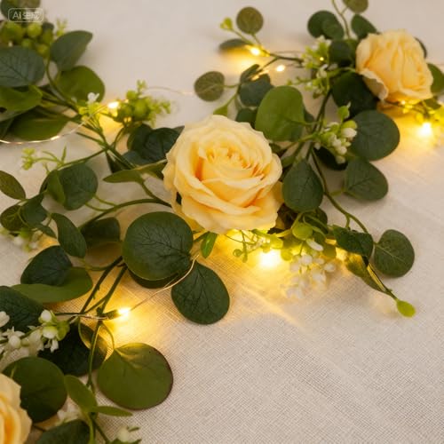 Solivya 2 Pack 5.9 FT Artificial Flower Garland with Lights, Fake Floral Garland with 12 Roses, White Flower Decorations f...