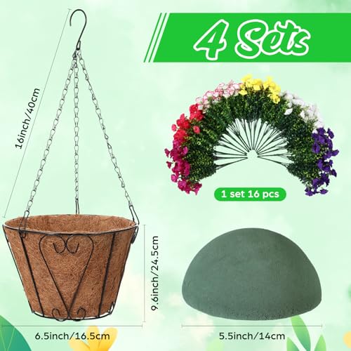 Suncalla 4 Sets Artificial Hanging Flowers with Basket, Faux Silk Colorful Morning Glory Flower Arrangement UV Resistant f...