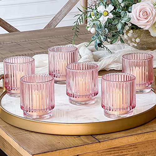 Blush Pink Vintage Ribbed Glass Tealight Votive Candle Holders by Kate Aspen (Set of 6), Pink Decor, Boho Decor, Shelf Dec...