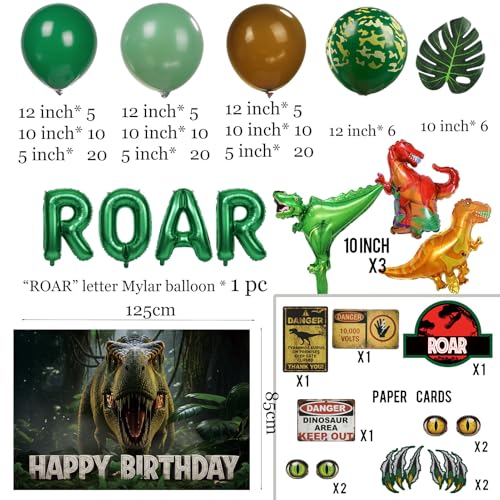 ROAR Dinosaur Birthday Decorations include Sage Green Brown balloon arch & small T-Rex Foil balloons & backdrop Sign & Art...