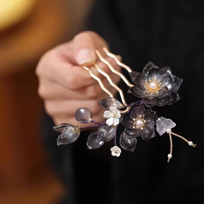 Cayyoomm Black Resin Camellia Hairpin Set with 3 Flowers, Chinese Hanfu Vintage Gothic Hair Stick for Women Metal Hairpin ...