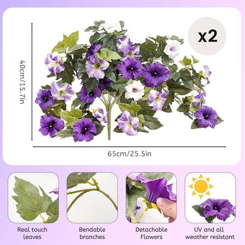 Daily Treasures 2Pack Artificial Hanging Flowers,24 Heads Silk Morning Glory Flowers Per Bouquet, Realistic Artificial Pet...