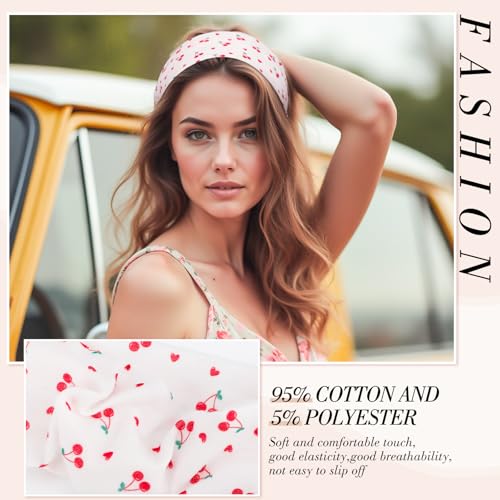 obeoby Floral Headbands for Women, Stripe Cherry Hairbands for Teen Girls Valentines Gifts Non Slip Cotton Fashion Hair Bands