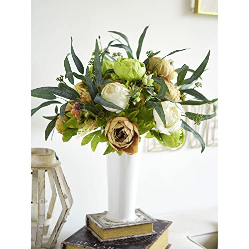 FiveSeasonStuff Rustic Brown, Beige & Green Artificial Peony Bouquets, 2 Silk Flower Bundles with Hydrangeas for Wedding &...