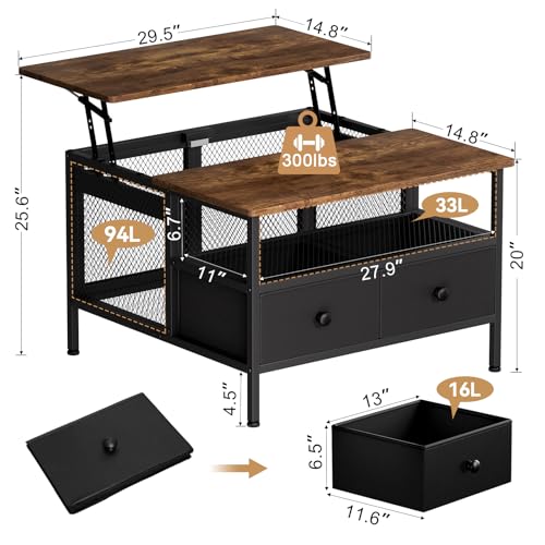 FABATO Lift Top Coffee Table, Square Coffee Table Metal Wood, Farmhouse Lift Up Coffee Tables Cocktail Table with Wire Mes...