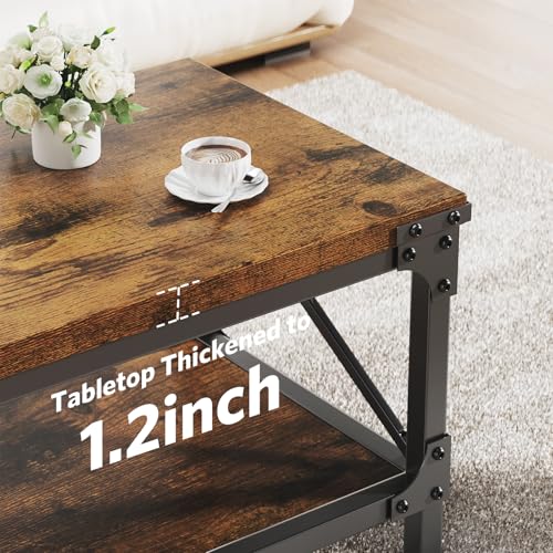 Rectangle Coffee Tables for Living Room, Wood Rectangular Coffee Table, 2 Tier Industrial Modern Center Table with Thicken...