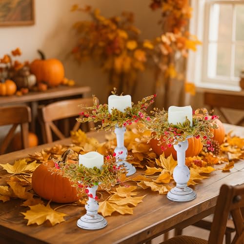 Mumufy 6 Pcs Thanksgiving Rustic Wooden Candle Holders for Pillar Farmhouse Candles 3 Set Vintage Fall Table Centerpiece D...