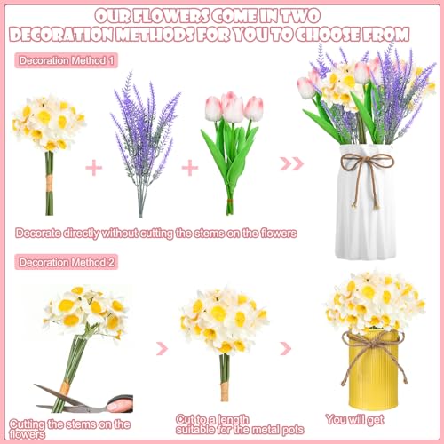 Zeyune 3 Pack Fake Potted Flowers Artificial Daffodils Flower Plants in Metal Pots Spring Artificial Flower Lavender Tulip...