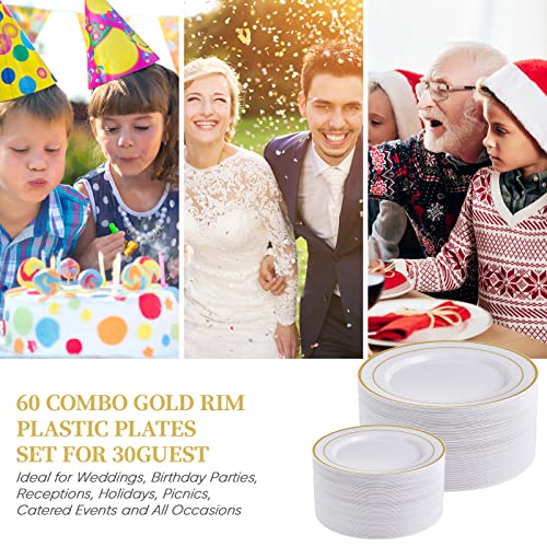 FOCUSLINE Gold Plastic Plates Set of 60, Disposable Plates with Gold Rim 30 Dinner Plates 10" and 30 Salad Dessert Appetiz...