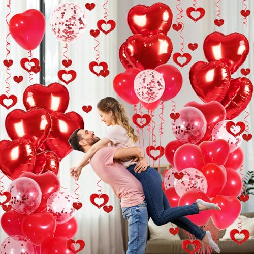 Red Heart Balloons Set, 30Pcs Heart Shaped Balloons and 50Pcs Red Hanging Streamer for Valentines Decorations, Proposal, W...