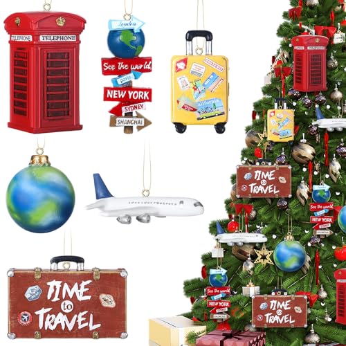 Vercraft 6 Pcs 3D Travel Christmas Tree Ornaments, Resin Globe Planet Airplane Suitcase World Sign Telephone Booth Handcra...