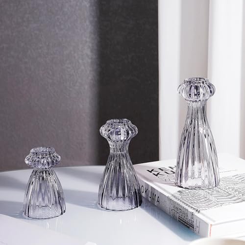 Lysenn Glass Candle Stick Holder Set of 3 – Premium Taper Candle Holders for Romantic Ambiance - Candle Sticks Holder Deco...