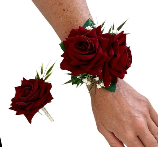 Flaural: Rose Wrist Corsage and Boutonniere Set, USA Handcrafted Baby's Breath Prom Flowers Wristlet Lapel Groom Floral Gr...