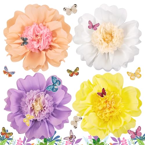 SUNBEAUTY 4PCS Pastel Paper Flower Party Decorations Giant Tissue Paper Flowers Pastel Hanging Flower Decorations for Wall...