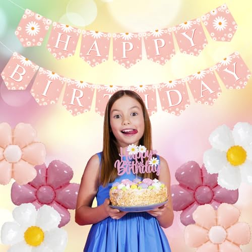 ZHENGYE Pink Daisy Flower Party Decorations Set With Happy Birthday Banner Cake Topper 6 Pcs Daisy Balloon Flower Theme Pa...