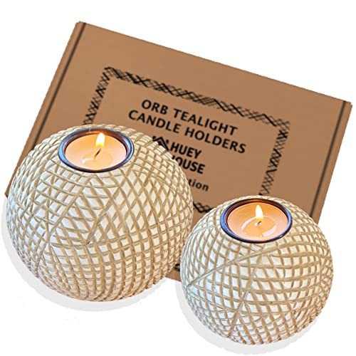 Luca Orb Tea Light Candle Holders (Gift Boxed Set of 2) Grid Pattern, Beige and White