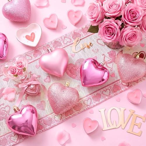 XmasExp Valentines Day Decor Heart Ornaments for Christmas Tree Decorations Set of 24 Pink Heart Shaped Bauble Perfect for...