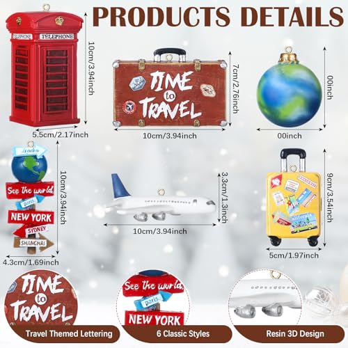 Vercraft 6 Pcs 3D Travel Christmas Tree Ornaments, Resin Globe Planet Airplane Suitcase World Sign Telephone Booth Handcra...